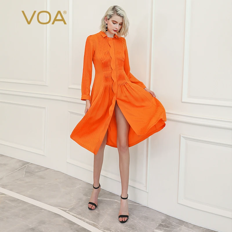 Фото Женское платье рубашка VOA оранжевое кружевное шелковое с длинным рукавом|Женские