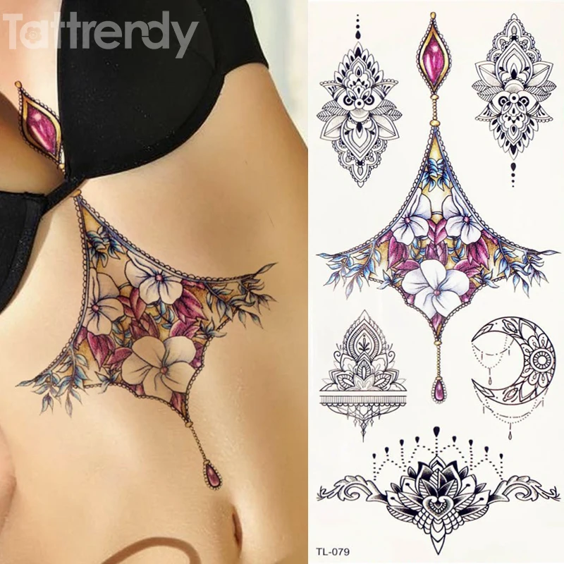 1 sheet Women Sternum Jewelry Tattoo Temporary Body Chest Waist Art Tattoo Sticker Cool Sexy Choker Pendant Under breast designs
1 sheet Women Sternum Jewelry Tattoo Temporary Body Chest Waist Art Tattoo Sticker Cool Sexy Choker Pendant Under breast designs