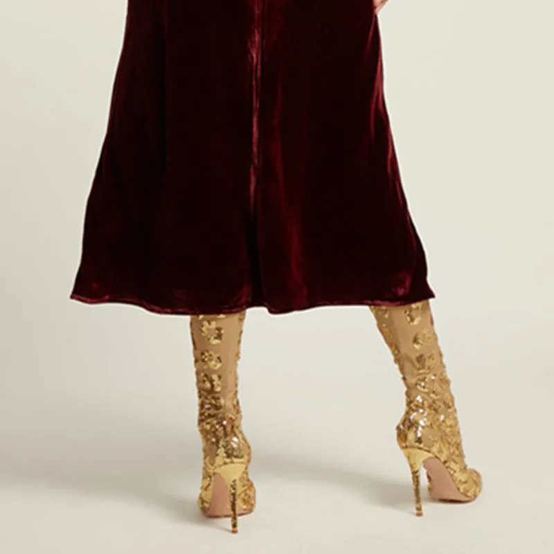 Luxury women gold sequins mesh over the knee boots glitter lace slip on thigh high boats sexy pointed toe high heels woman shoes
Luxury women gold sequins mesh over the knee boots glitter lace slip on thigh high boats sexy pointed toe high heels woman shoes