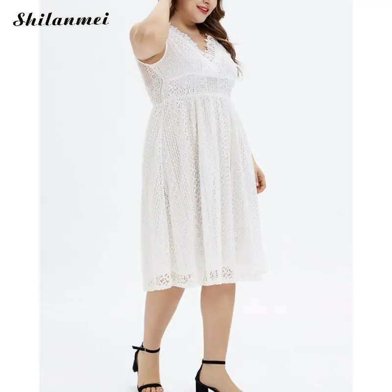 Plus Size 2019 Women V-Neck Sleeveless Lace Dress Big Size Elegant Solid A Line Midi Dress Ladies Office White Black Work Dress
Plus Size 2019 Women V-Neck Sleeveless Lace Dress Big Size Elegant Solid A Line Midi Dress Ladies Office White Black Work Dress