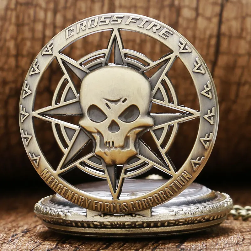 Hollow Vintage Bronze Skull Ghost Cross Fire Quartz Pocket Watch Necklace Mens P314C | Наручные часы