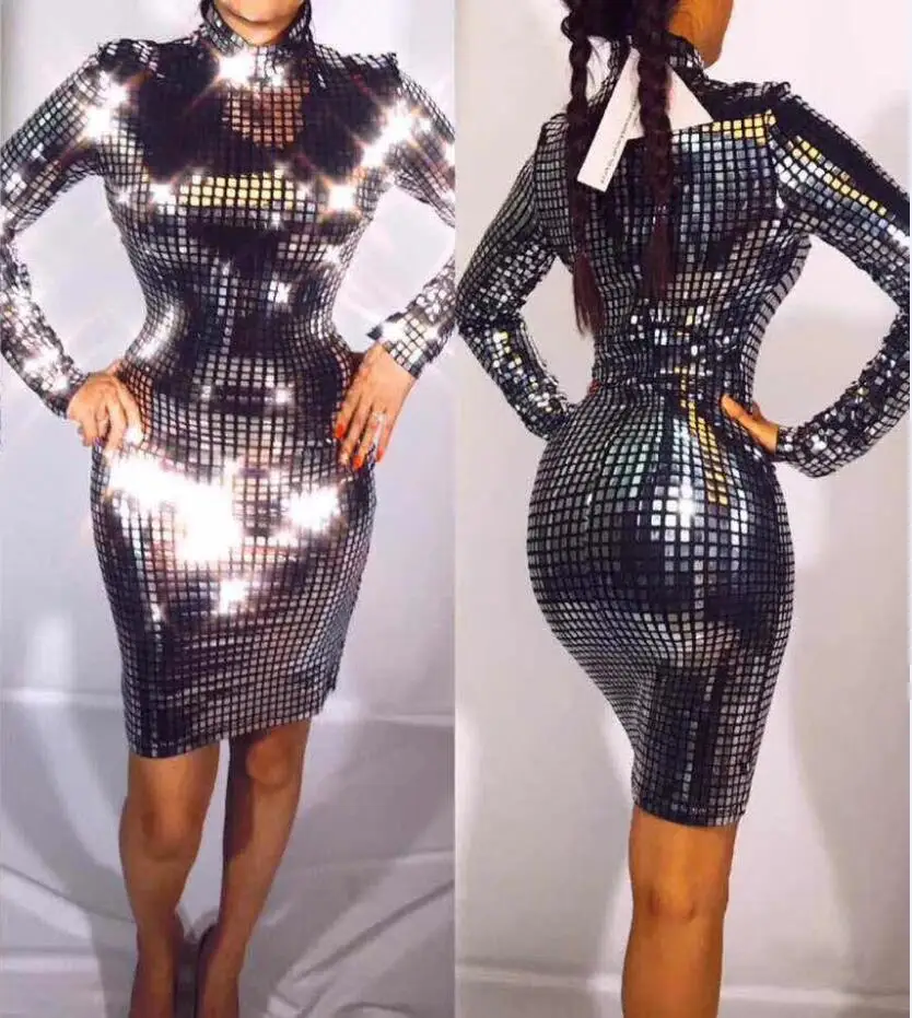 New Arrival Sexy Long Sleeve Silver Women Winter Dress 2018 Elegant Designer Party | Женская одежда