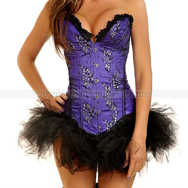 

Purple Lace Overlay Sweetheart Corset Lace Up Bustier Sexy Party Dress + Black TuTu Skirt S M L XL 2XL
