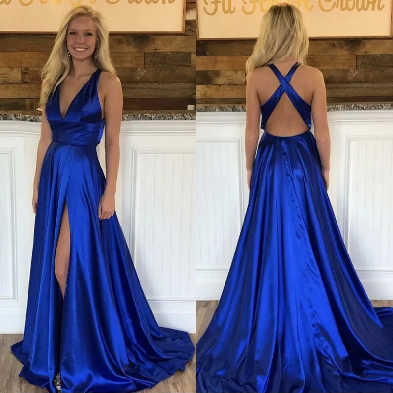 Simple Style Prom Party Gowns Royal Blue Deep V-Neck Sleeveless Cross Back A-Line Side Slit Silk Satin Evening Dresses
Simple Style Prom Party Gowns Royal Blue Deep V-Neck Sleeveless Cross Back A-Line Side Slit Silk Satin Evening Dresses