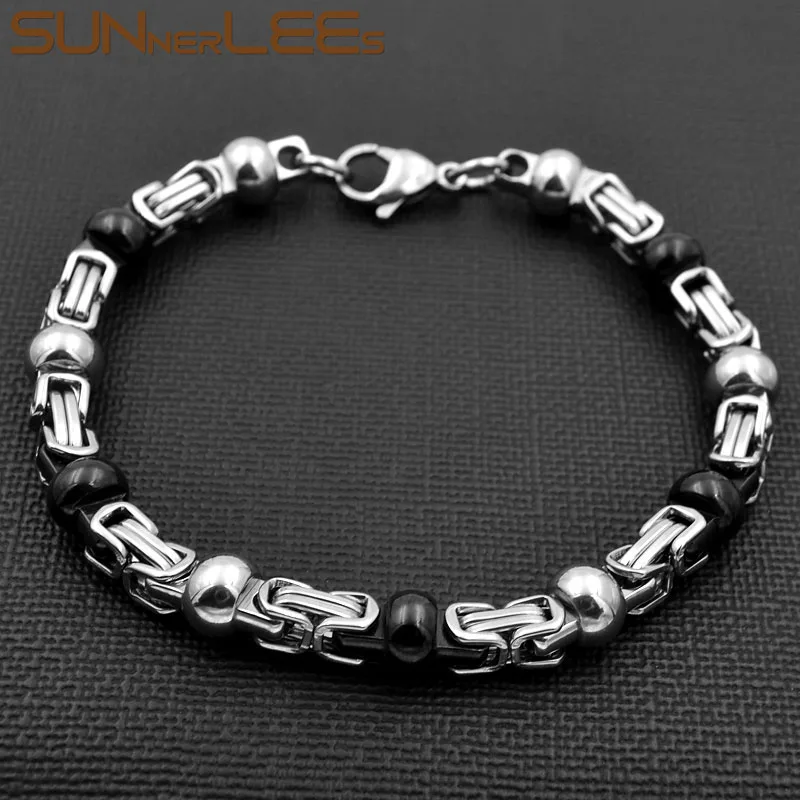 SUNNERLEES Fashion Jewelry Stainless Steel Bracelet 7mm Black Silver Color Geometric Byzantine Link Chain For Men Women SC89 B | Украшения