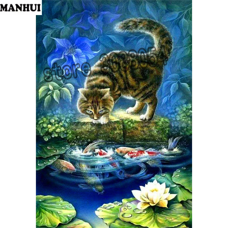 DIY алмазная живопись кот ест рыбу мозаики алмаз вышивка паста ручной трикотаж