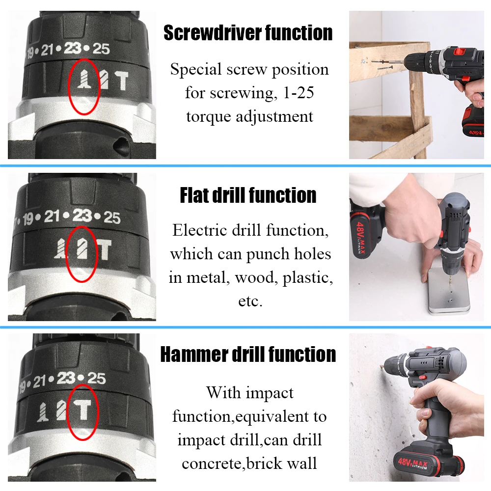 48V Cordless Electric drill powerful Rechargeable Lithium Battery Cordless Hand Drills Home DIY Electric Screwdriver Power Tools
48V Cordless Electric drill powerful Rechargeable Lithium Battery Cordless Hand Drills Home DIY Electric Screwdriver Power Tools