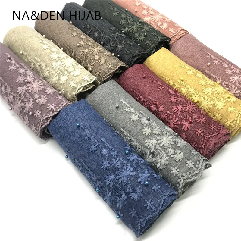 luxury one side flower lace edges with pearls linen viscose plain solid scarf shawl Muslim women hijabs fashion wraps 10pcs
luxury one side flower lace edges with pearls linen viscose plain solid scarf shawl Muslim women hijabs fashion wraps 10pcs