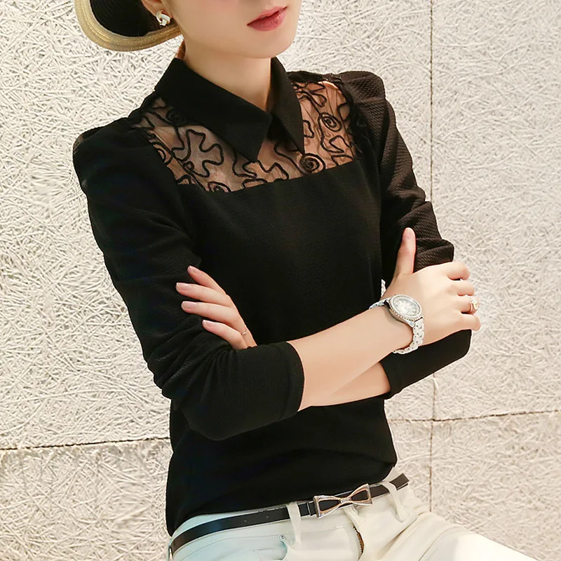 women tops polyester fashion lace long sleeve turn down collar blue black female blouse shirt
women tops polyester fashion lace long sleeve turn down collar blue black female blouse shirt