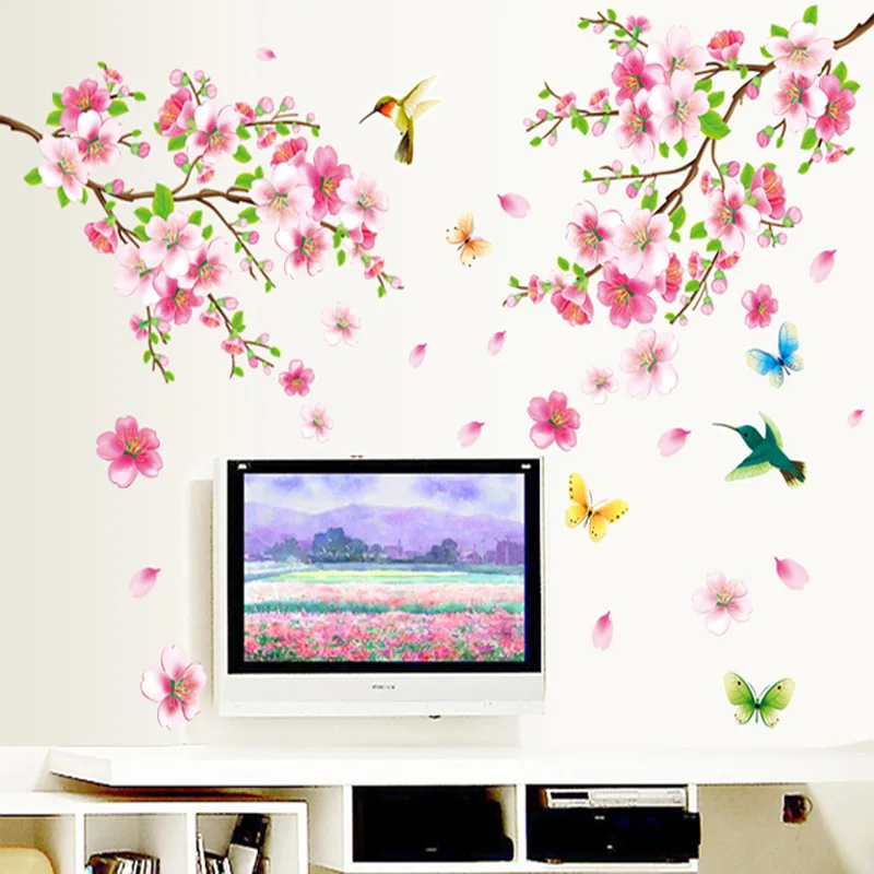 

HonC Large Elegant Flower Wall Stickers Graceful Peach Blossom Birds Brand Stickers Furnishings Romantic Living Room Decorations