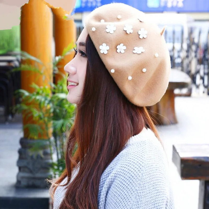 Winter hats for women Berets Knitted wool beret Berets Hats Pearl petals are solid Baret Warm Caps Boina Feminina free shipping
Winter hats for women Berets Knitted wool beret Berets Hats Pearl petals are solid Baret Warm Caps Boina Feminina free shipping
