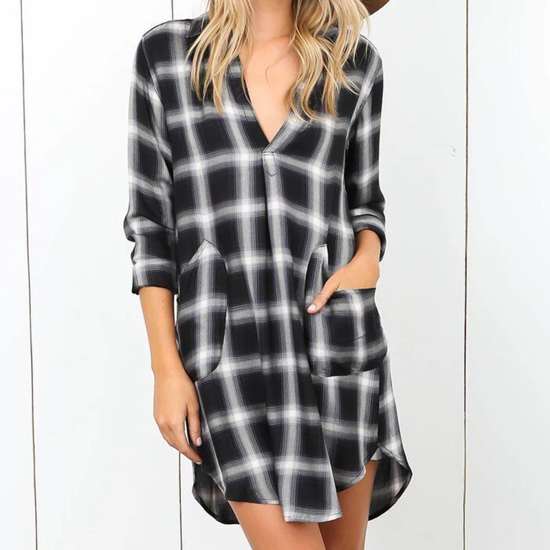 Women Plaid Mini Shirt Dress Sexy Loose Boho Dress Oversized Femme V Neck Long Sleeve Dress Pockets Beach Party Dresses
Women Plaid Mini Shirt Dress Sexy Loose Boho Dress Oversized Femme V Neck Long Sleeve Dress Pockets Beach Party Dresses