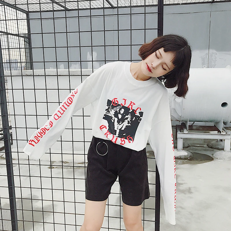 Jielur Harajuku BF Autumn New Women's T-shirts Loose Letter Print Full Sleeve Top Korean Pop Street Fashion Female T-shirt M-XXL | Женская