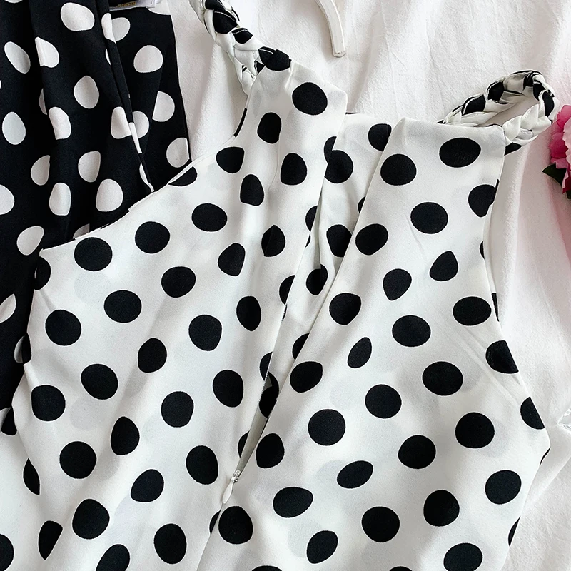 Chic Retro Polka Dot Print Halter Vintage All Match Top Blouse Black/White | Женская одежда