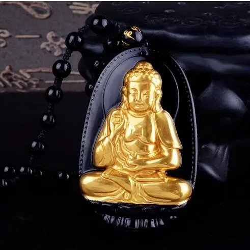 

High Quality Gold+ Natural Black Obsidian Carved Buddha Lucky Amulet Pendant Necklace For Women Men pendants JadeJewelry