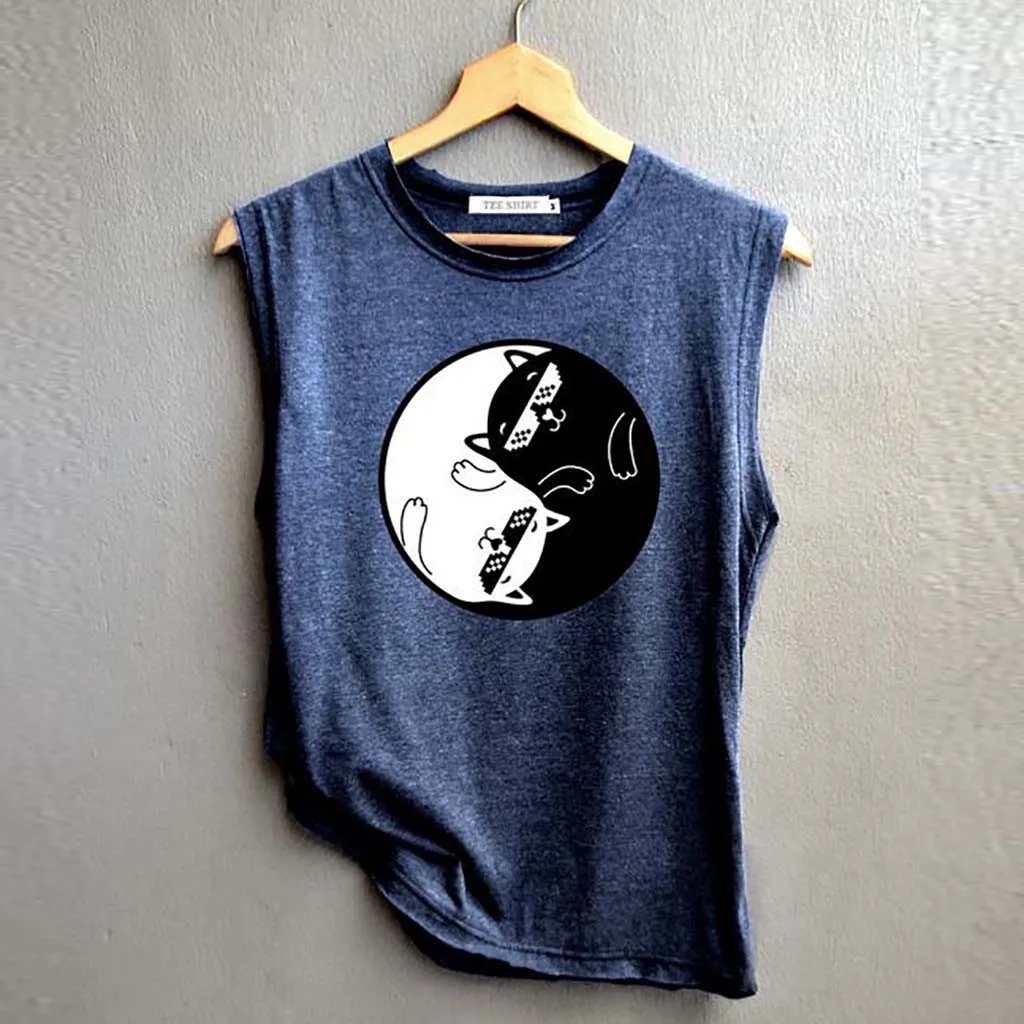 Sexy Tops Women's Cat Print Vest Casual Loose Top Sleeveless Tank Camisole Sport Pullover Tunic Clothing Summer Beach | Женская