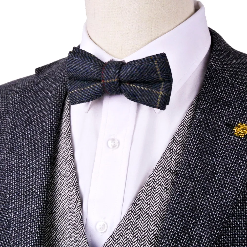 Handmade Checked Navy Blue Khak Beige Camel Mens Pre-tied Tuxedo Bow Tie Wool Adjustable Trendy Wholesale Free Shipping | Аксессуары для