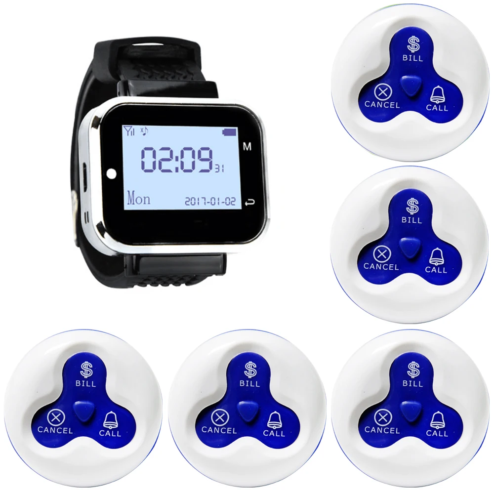 JINGLE BELLS Wireless Calling System 5 Calling Buttons+ 1 Watch Pager for Restaurant, Cafe, Bar Wireless Service Call Bells
JINGLE BELLS Wireless Calling System 5 Calling Buttons+ 1 Watch Pager for Restaurant, Cafe, Bar Wireless Service Call Bells