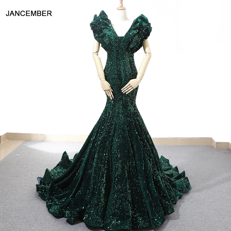Фото J66736 jancember Зеленый Русалка вечернее платье 2019 с коротким рукавом v образный вырез и