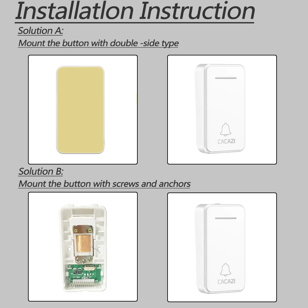 CACAZI Wireless Doorbell Self powered Waterproof 2 Transmitter 2 Receiver No Battery Required Home Calling Bell US EU UK AU Plug
CACAZI Wireless Doorbell Self powered Waterproof 2 Transmitter 2 Receiver No Battery Required Home Calling Bell US EU UK AU Plug