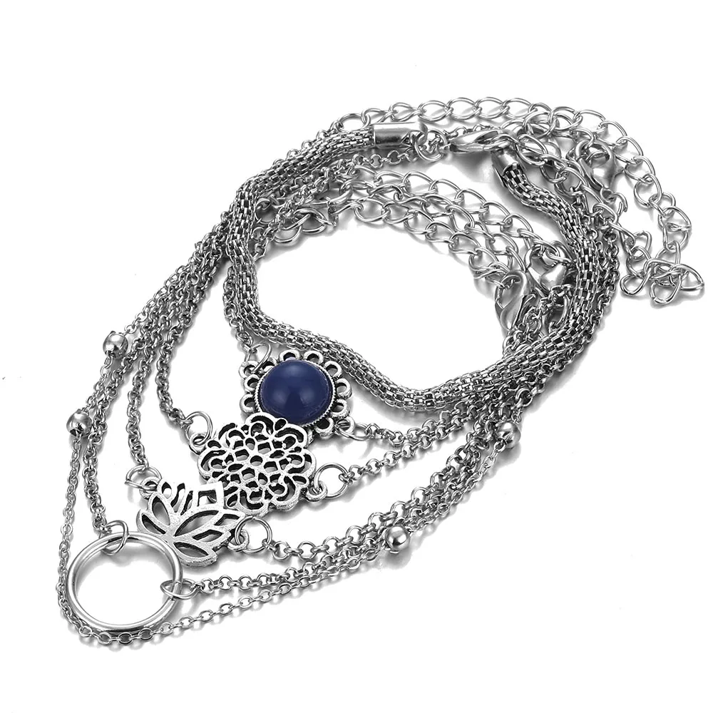 IFMIA 6pcs/set Vintage Simple Silver Color Lotus Bracelet for Women Flower Chain Beaded Bracelets Bangles Sets Boho Jewelry | Украшения и