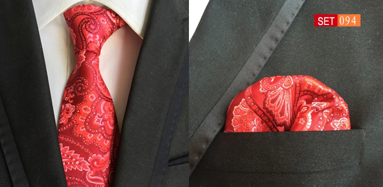 Tie 8cm Gentlemen Wedding Party Ties Set with Red Paisley Floral Pocket Square
