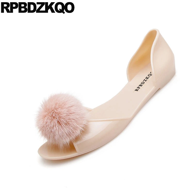 Women Sandals 2021 Summer Cheap Slip On Rubber Clear Beach Jelly Peep Toe Embellished Flat Soft Pom Transparent Pink Shoes Pvc | Обувь