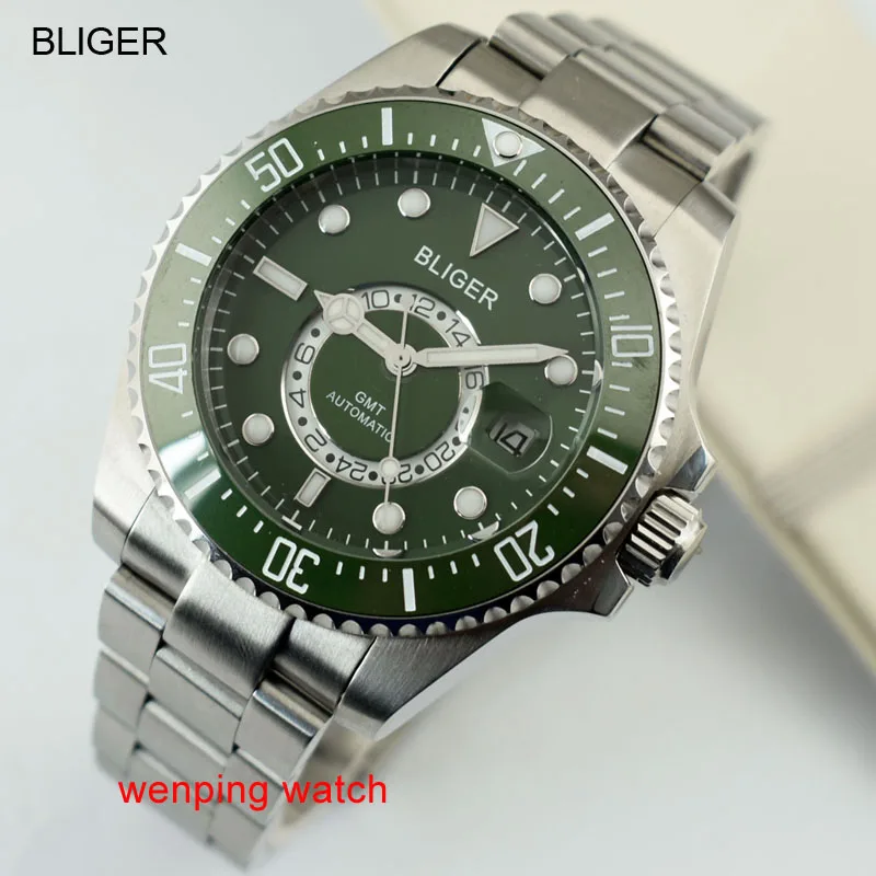 BLIGER 43mm Ceramic Bezel green dial GMT function Blue ordinary luminous automatic mens Wrist watch one pcs E2415
BLIGER 43mm Ceramic Bezel green dial GMT function Blue ordinary luminous automatic mens Wrist watch one pcs E2415
