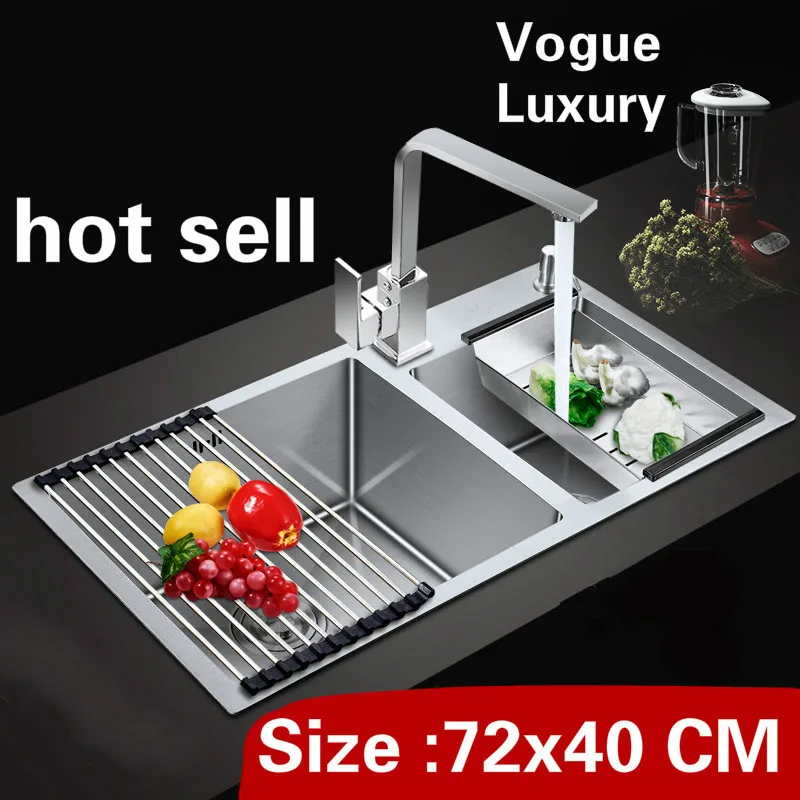 

Free shipping Apartment luxury wash vegetables kitchen manual sink double groove small durable 304 stainless steel 72x40 CM