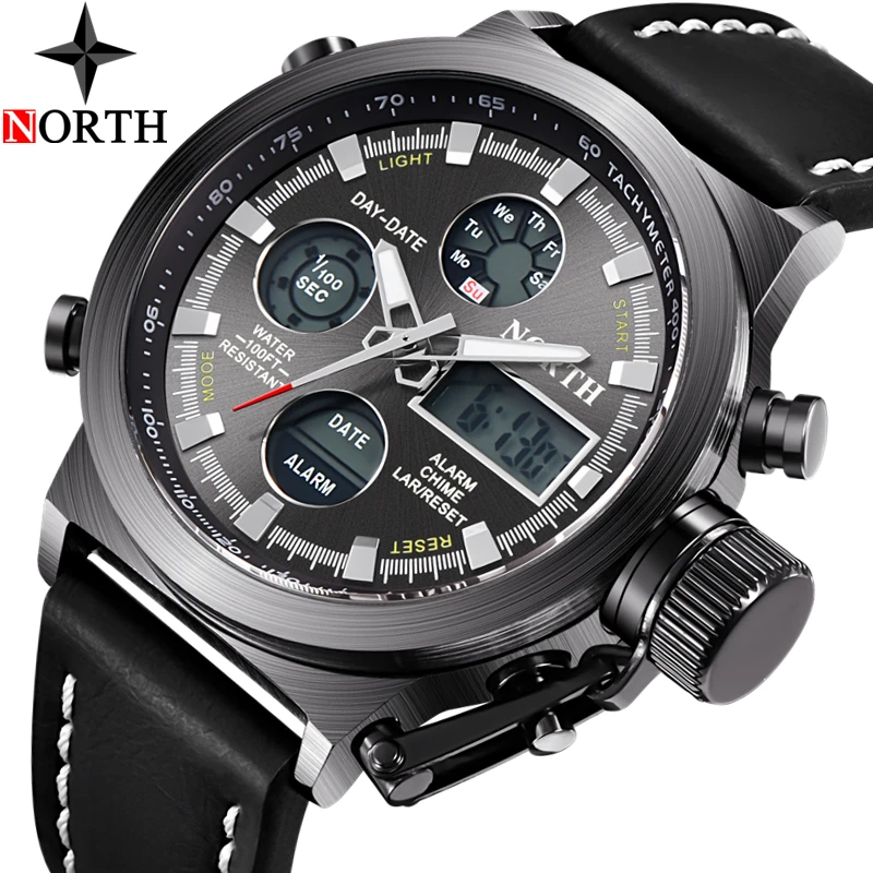 Часы NORTH Luxury Brand Мужские Аналоговые Цифровые Спортивные с кожаным ремешком
