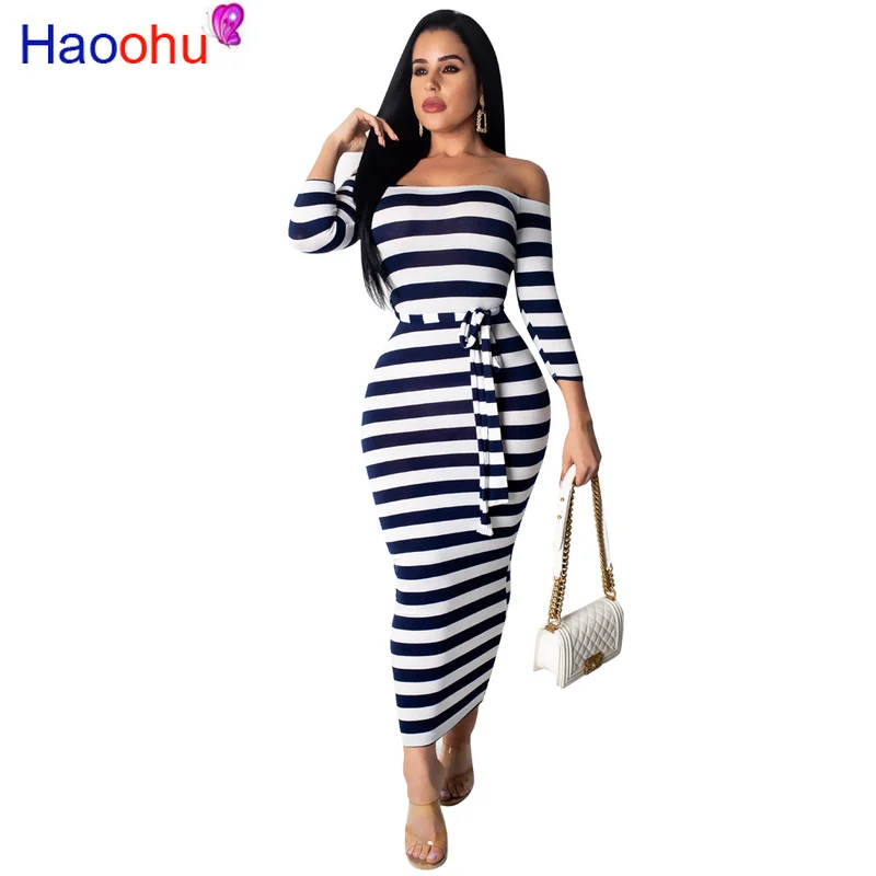 HAOOHU Casual Women Dress 2019 Summer Striped Bodycon Midi Dresses Slash Neck Lace Up Three Quarter African Pencil Dresses Robe
HAOOHU Casual Women Dress 2019 Summer Striped Bodycon Midi Dresses Slash Neck Lace Up Three Quarter African Pencil Dresses Robe