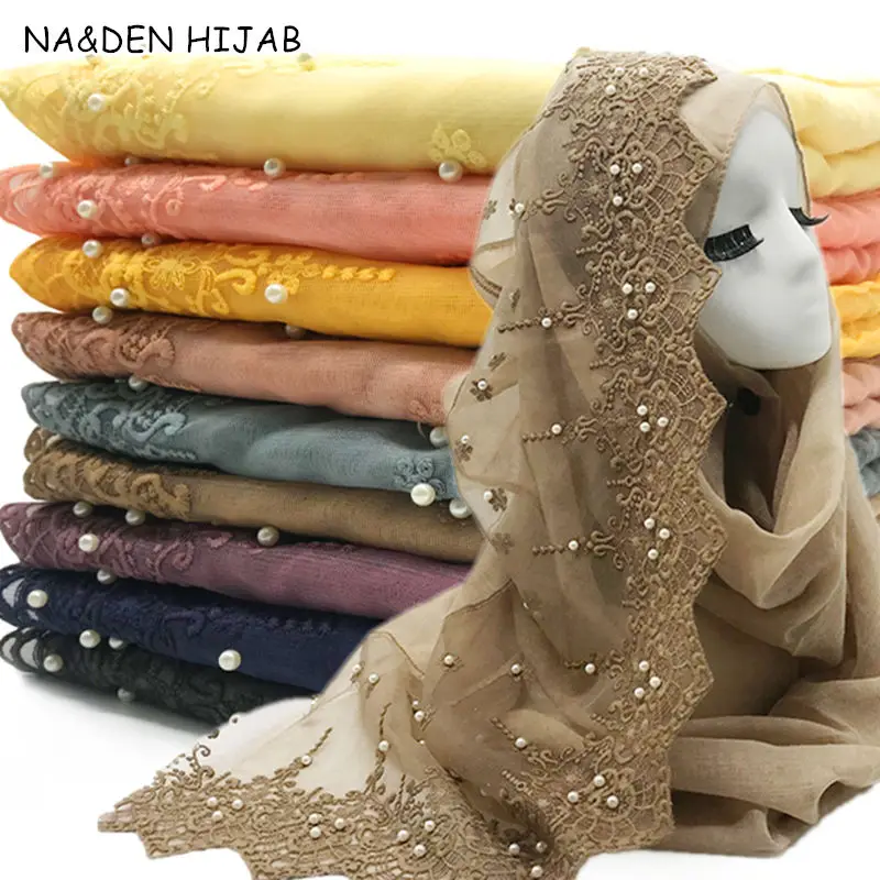 

Новый Свадебный женский хиджаб шарф с вышивкой кружевной жемчужный головной платок простые Макси женские мусульманские хиджабы модные шар...