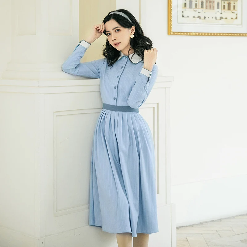 Spring Women's Vintage Art Mori Girl Hepburn Stripe England Style Peter Pan Collar Dignified Lady Slim Dress
Spring Women's Vintage Art Mori Girl Hepburn Stripe England Style Peter Pan Collar Dignified Lady Slim Dress