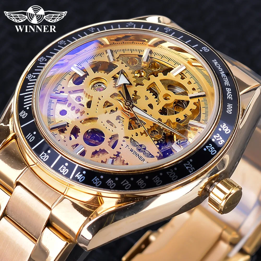 Winner 2019 Steampunk Men's Automatic Wrist Watches Top Brand Luxury Sport Clock Waterproof Golden Stainless Steel Design | Наручные