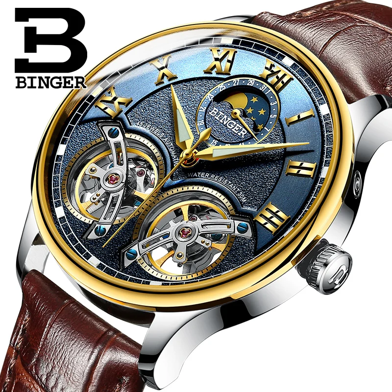 Switzerland Men's Watch Luxury Brand BINGER Sapphire Waterproof Double Toubillon Automatic Mechanical clock Moon Phase B-8606M10
Switzerland Men's Watch Luxury Brand BINGER Sapphire Waterproof Double Toubillon Automatic Mechanical clock Moon Phase B-8606M10