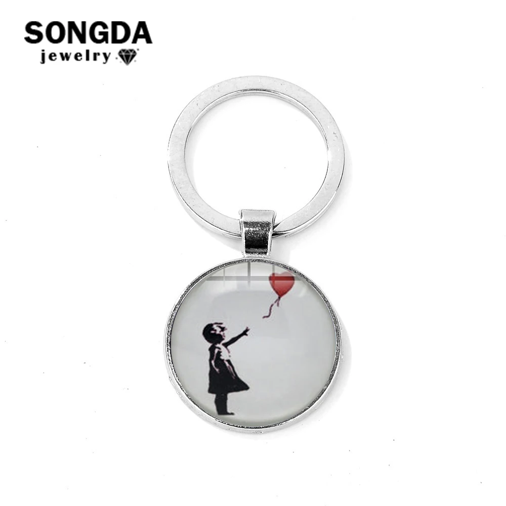 

Girl with a Balloon Keychain Artist Banksy Graffiti Famous Painting Glass Cabochon Pendant Bag Car Keyring Men Women Jewelry