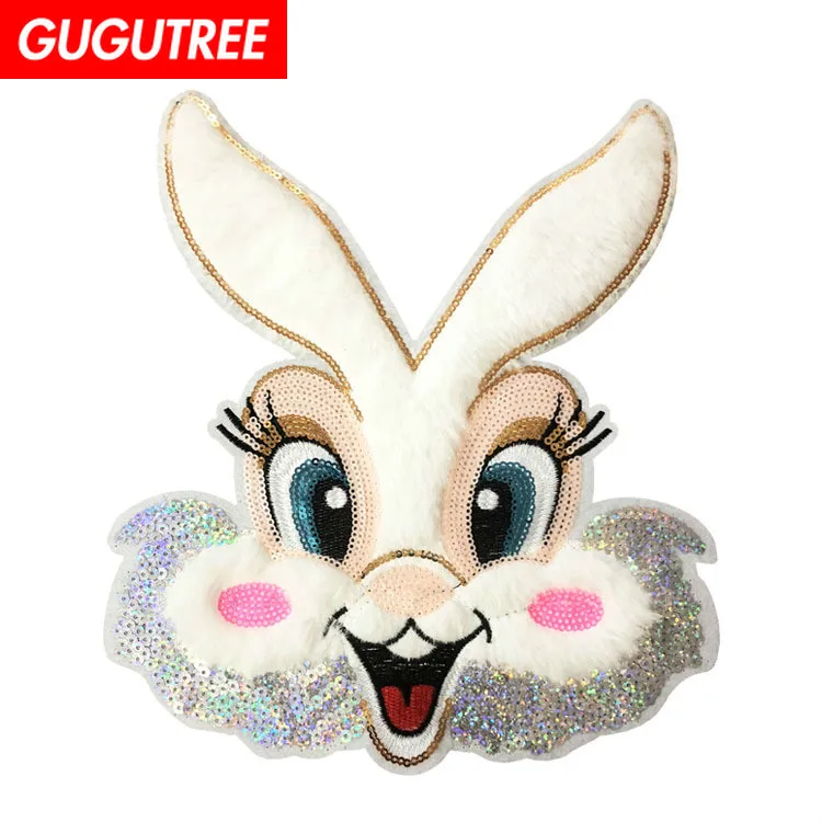 GUGUTREE вышивка блёстки Большой нашивки кролик животных мультфильм патчи значки