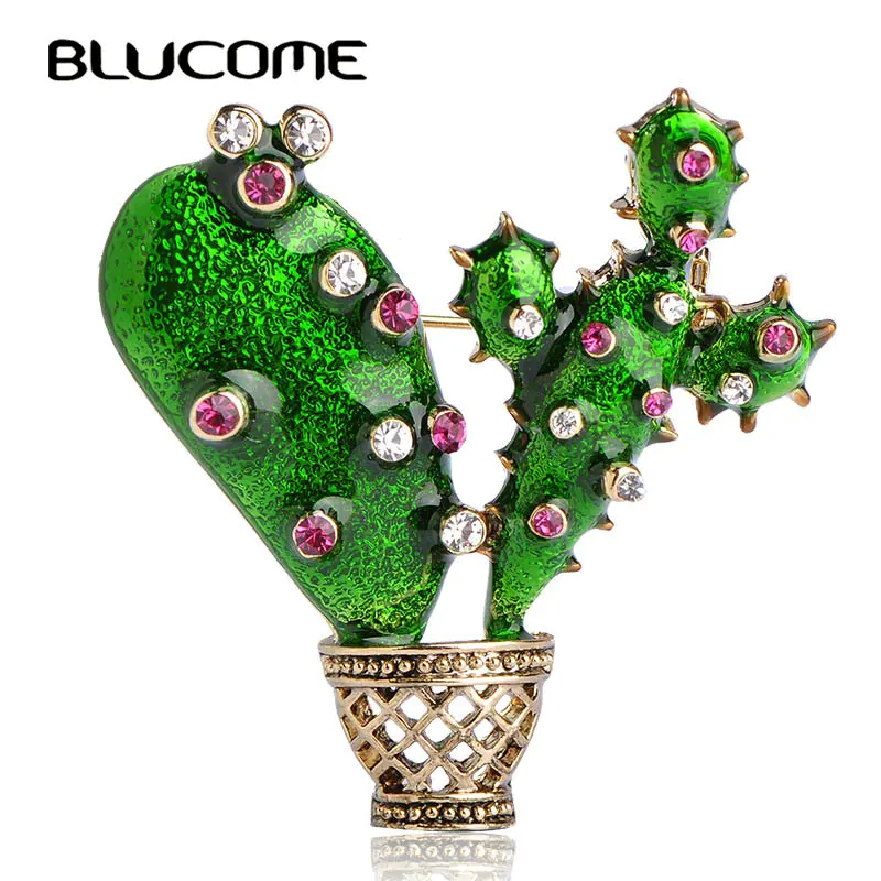 

Blucome Green Enamel Cactus Brooch Kids Lady Crystal Plant Corsage Suit Scarf Dress Decoration Gold-color Jewelry Pins Bijoux