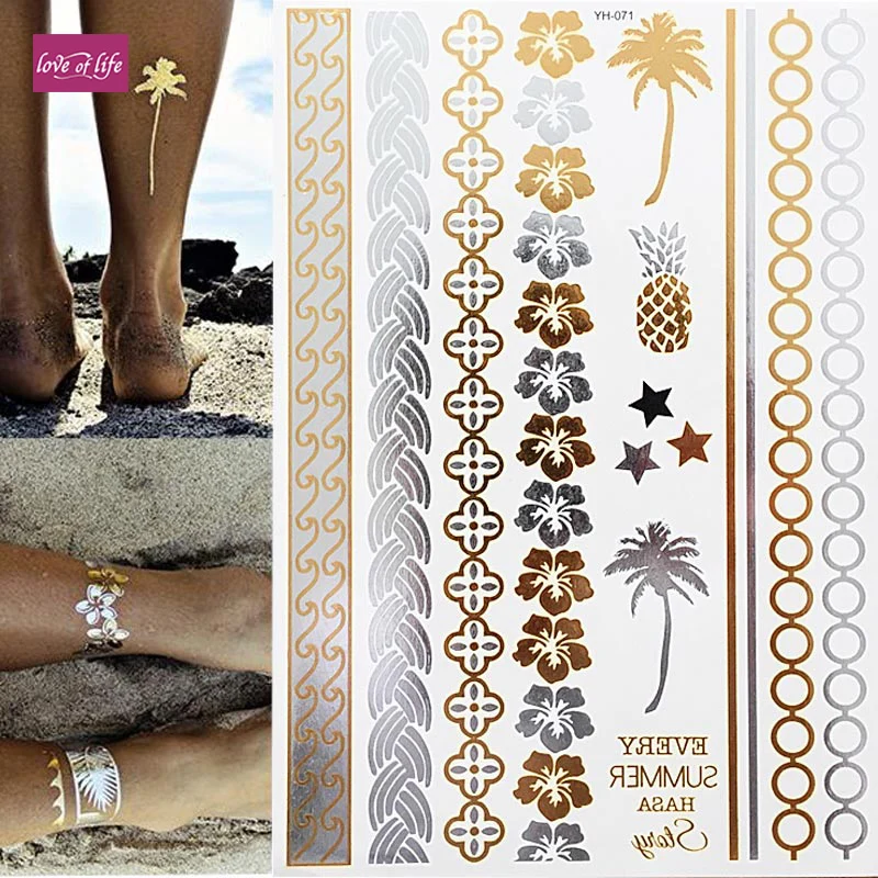 Metallic Flash Temporary Tattoo Gold Sticker Bracelet Pentagram Pineapple Indian Body Art
Metallic Flash Temporary Tattoo Gold Sticker Bracelet Pentagram Pineapple Indian Body Art
