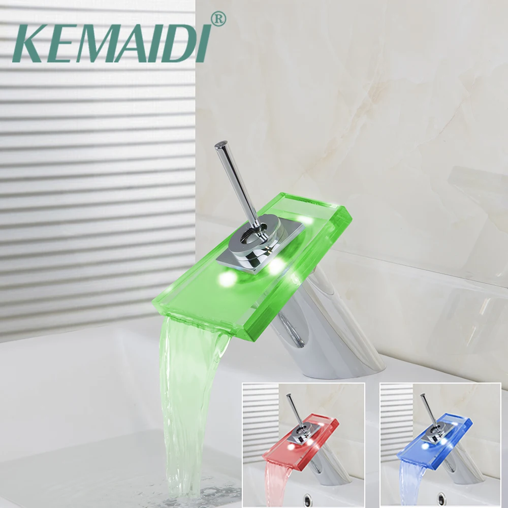 

KEMAIDI LED Faucets Deck Mounted Polished Chrome Bathroom Basin Vessel Mixer Waterfall Tap Bathroom Fasucet Led light Mixer