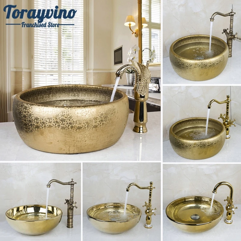 

Ceramic Basin Sink & Faucet Tap Set luxury Washbasin Bathroom Faucet Round Paint Golden Bowl Sinks / Vessel Basins