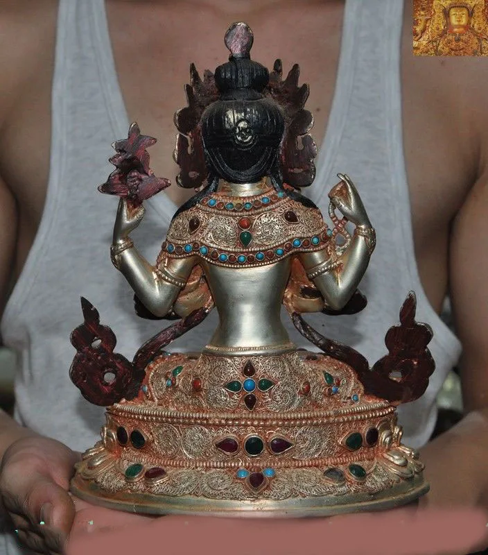 wedding decoration Tibet silver Filigree Inlay turquoise gem 4 Arms Chenrezig Tara Kwan-Yin statue New Year
wedding decoration Tibet silver Filigree Inlay turquoise gem 4 Arms Chenrezig Tara Kwan-Yin statue New Year