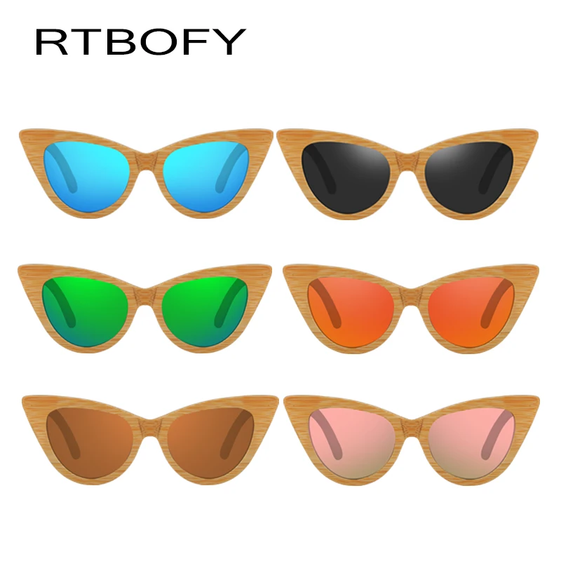 RTBOFY деревянные солнцезащитные очки для женщин Бамбуковая оправа кошачий глаз