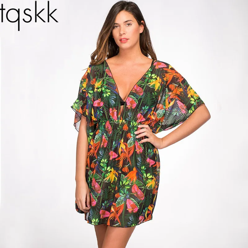 Женский купальник-бикини TQSKK Пляжное платье с цветочным принтом накидка на лето