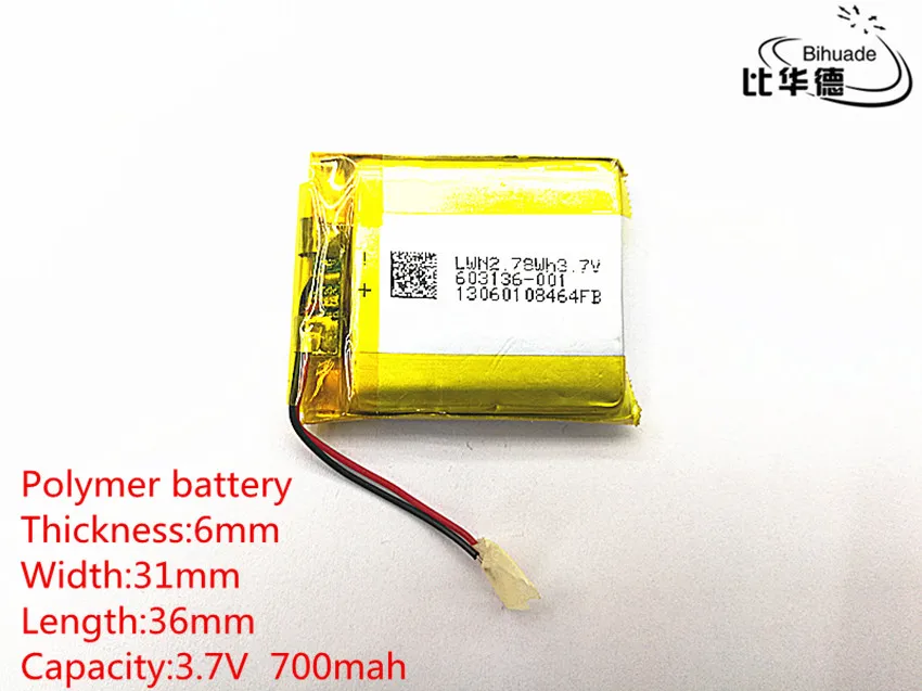 10pcs 3.7V 700mAh 603136 Lithium Polymer Li-Po li ion Rechargeable Battery cells For Mp3 MP4 MP5 GPS PSP mobile bluetooth
10pcs 3.7V 700mAh 603136 Lithium Polymer Li-Po li ion Rechargeable Battery cells For Mp3 MP4 MP5 GPS PSP mobile bluetooth