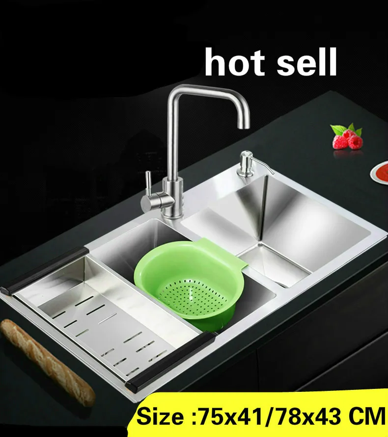 

Free shipping Apartment standard kitchen manual sink double groove do the dishes 304 stainless steel hot sell 75x41/78x43 CM