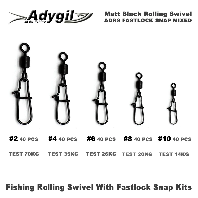 Adygil Matt Black Fishing Rolling Swivel With Fastlock Snap Kits ADRS FASTLOCK SNAP MIXED #2 #4 #6 #8 #10 200pcs/lot
Adygil Matt Black Fishing Rolling Swivel With Fastlock Snap Kits ADRS FASTLOCK SNAP MIXED #2 #4 #6 #8 #10 200pcs/lot