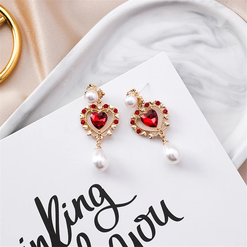 New Baroque Vintage Fashion Statement Jewelry Colorful Crystal Long Earrings For Women Simulated Pearl Love Heart Drop Pendiente | Украшения