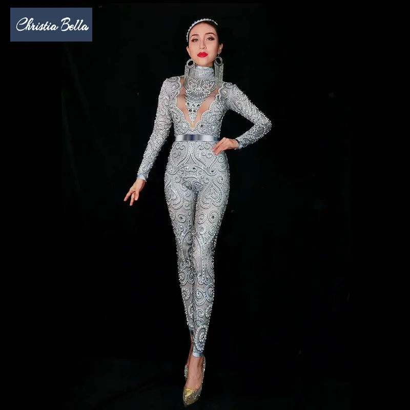 Sparkling Silver Rhinestones Women Jumpsuits Sexy Stretch Skinny Party Rompers Nightclub DJ Dancer Bodysuit Stage Costumes
Sparkling Silver Rhinestones Women Jumpsuits Sexy Stretch Skinny Party Rompers Nightclub DJ Dancer Bodysuit Stage Costumes