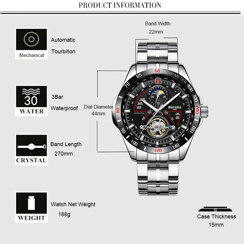 BOYZHE Mechanical Automatic Tourbillon Watch Men Stainess Steel Moon Phase Calendar Mens Watches Sports Male Clock Erkek Kol Saa
BOYZHE Mechanical Automatic Tourbillon Watch Men Stainess Steel Moon Phase Calendar Mens Watches Sports Male Clock Erkek Kol Saa